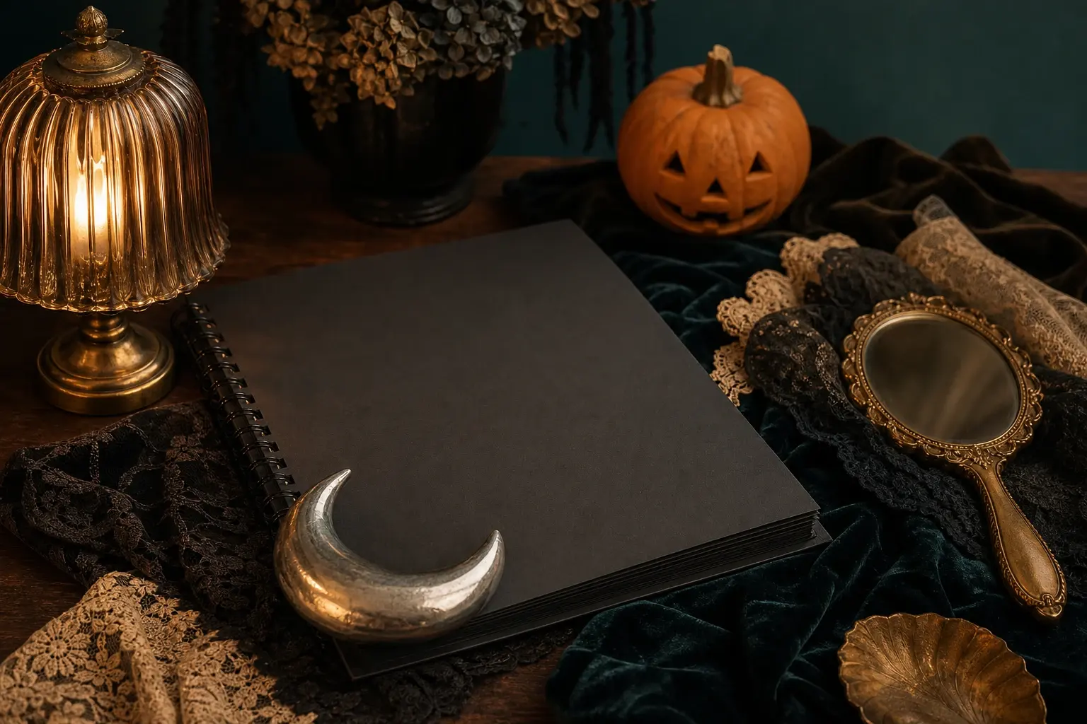 Photorealistic gothic Halloween portrait with copper makeup and dark velvet clothing
