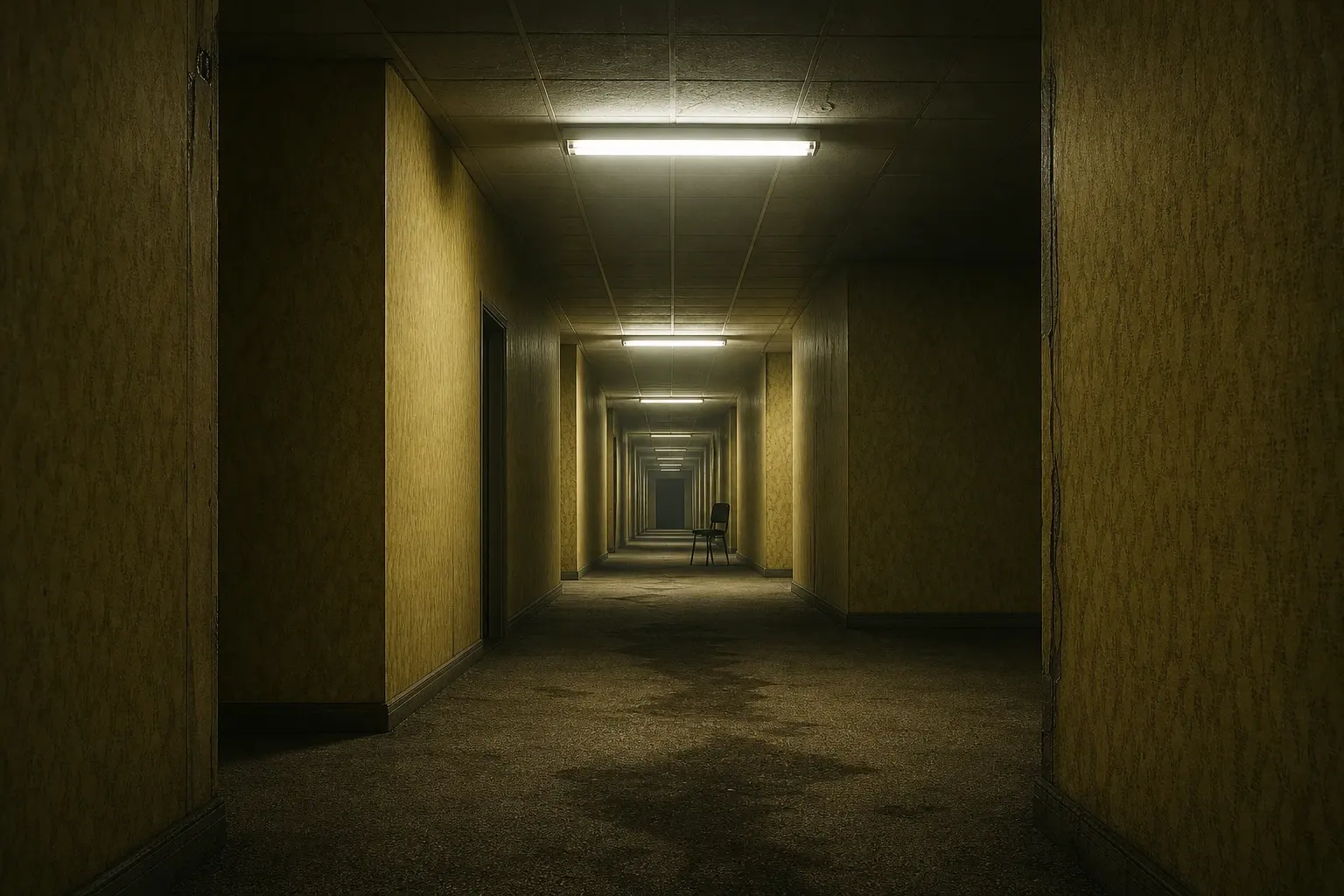 Empty liminal office corridor with yellow wallpaper, haze and fluorescent lights