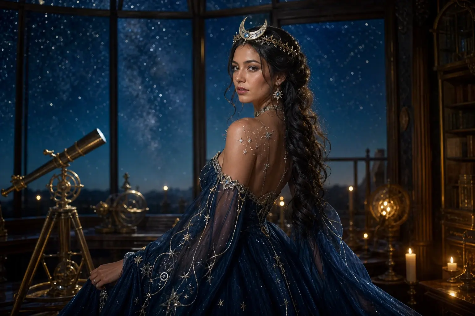 Adult in a midnight-blue star-patterned gown and moon crown inside a moonlit observatory