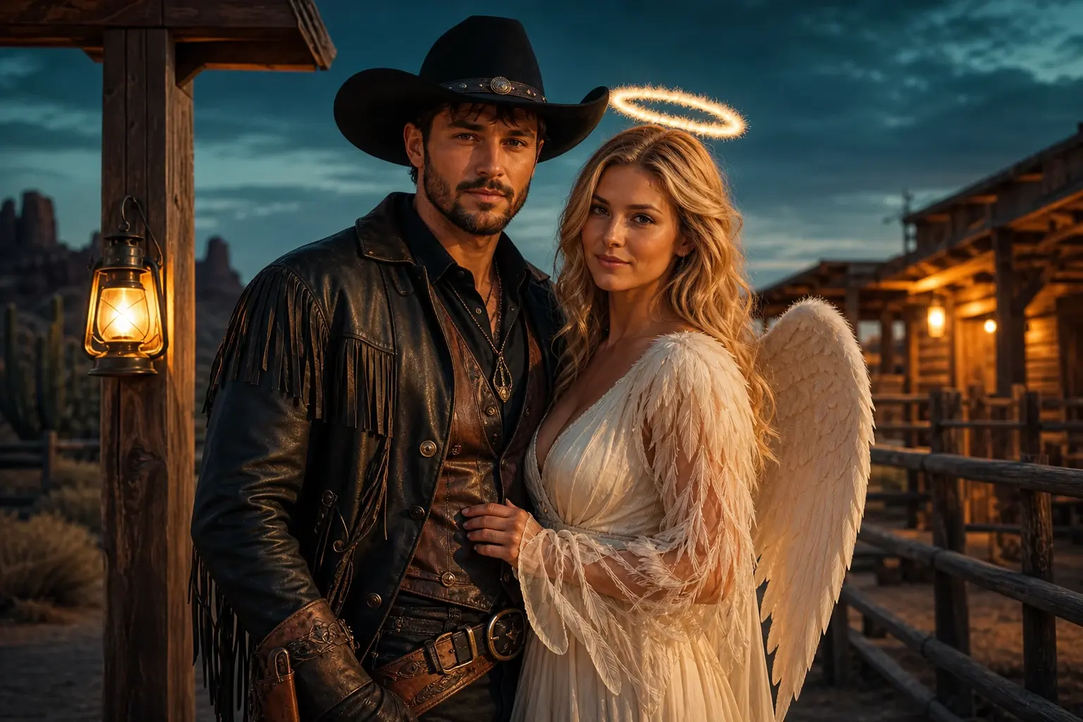 Adult couple in coordinated cowboy and angel Halloween costumes at dusk