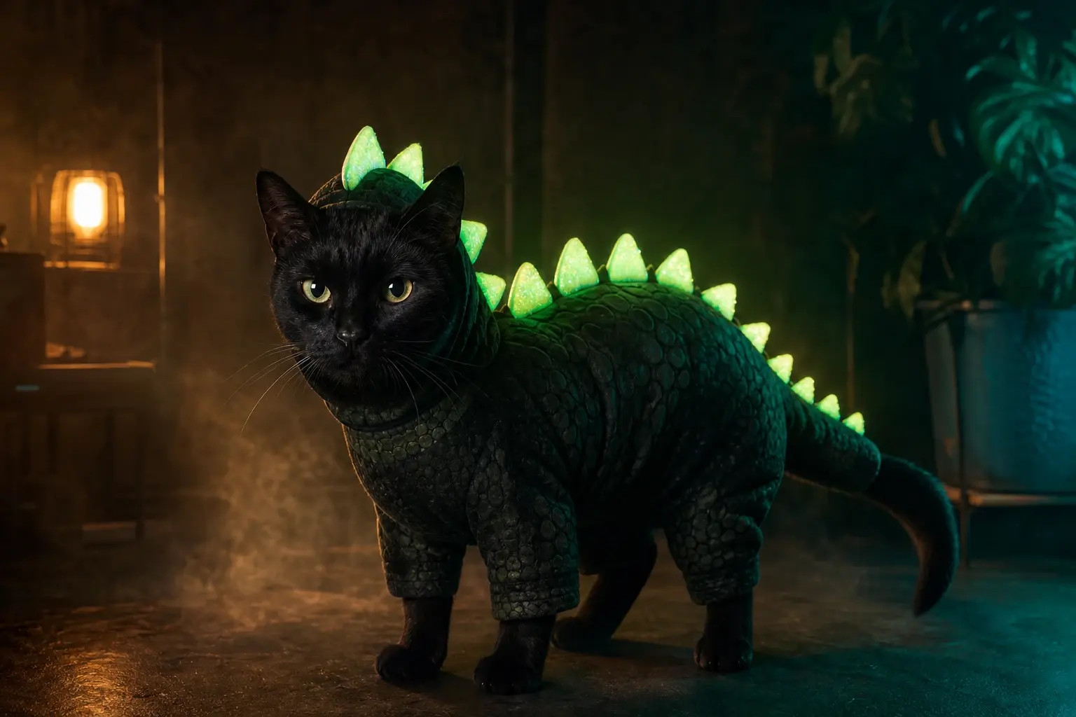 Black cat wearing a fitted glow-in-the-dark dinosaur costume with green spikes