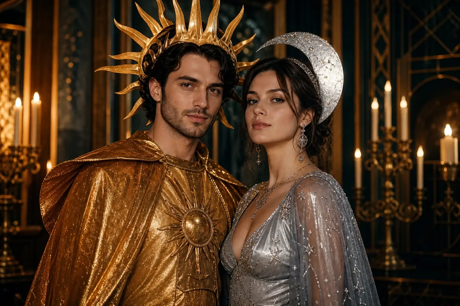 Adult couple in coordinated amber sun and silver moon costumes in a candlelit ballroom