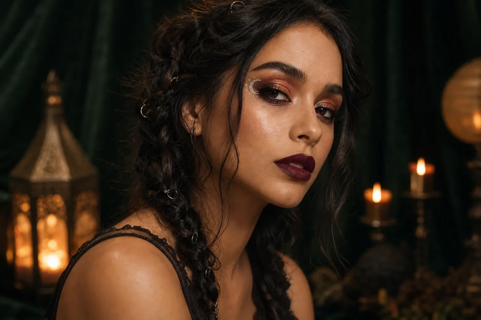 Editorial Halloween beauty portrait with copper eye makeup and silver accents
