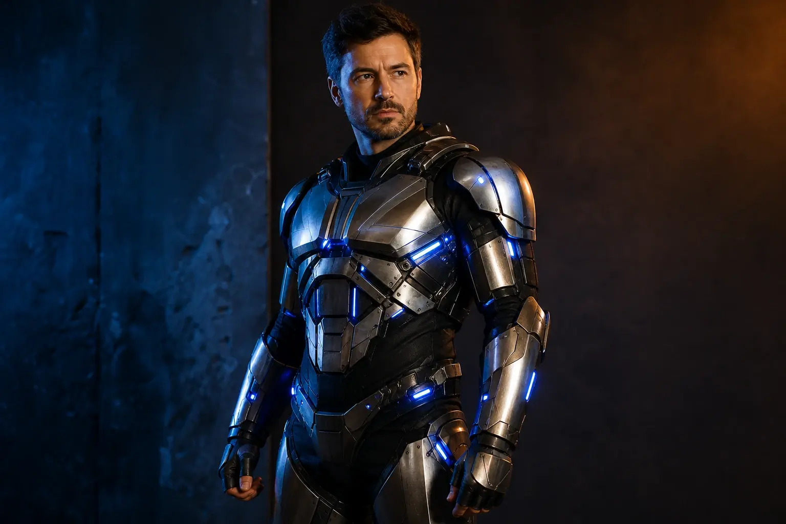 Adult wearing a futuristic robot costume with metallic panels and blue LED accents