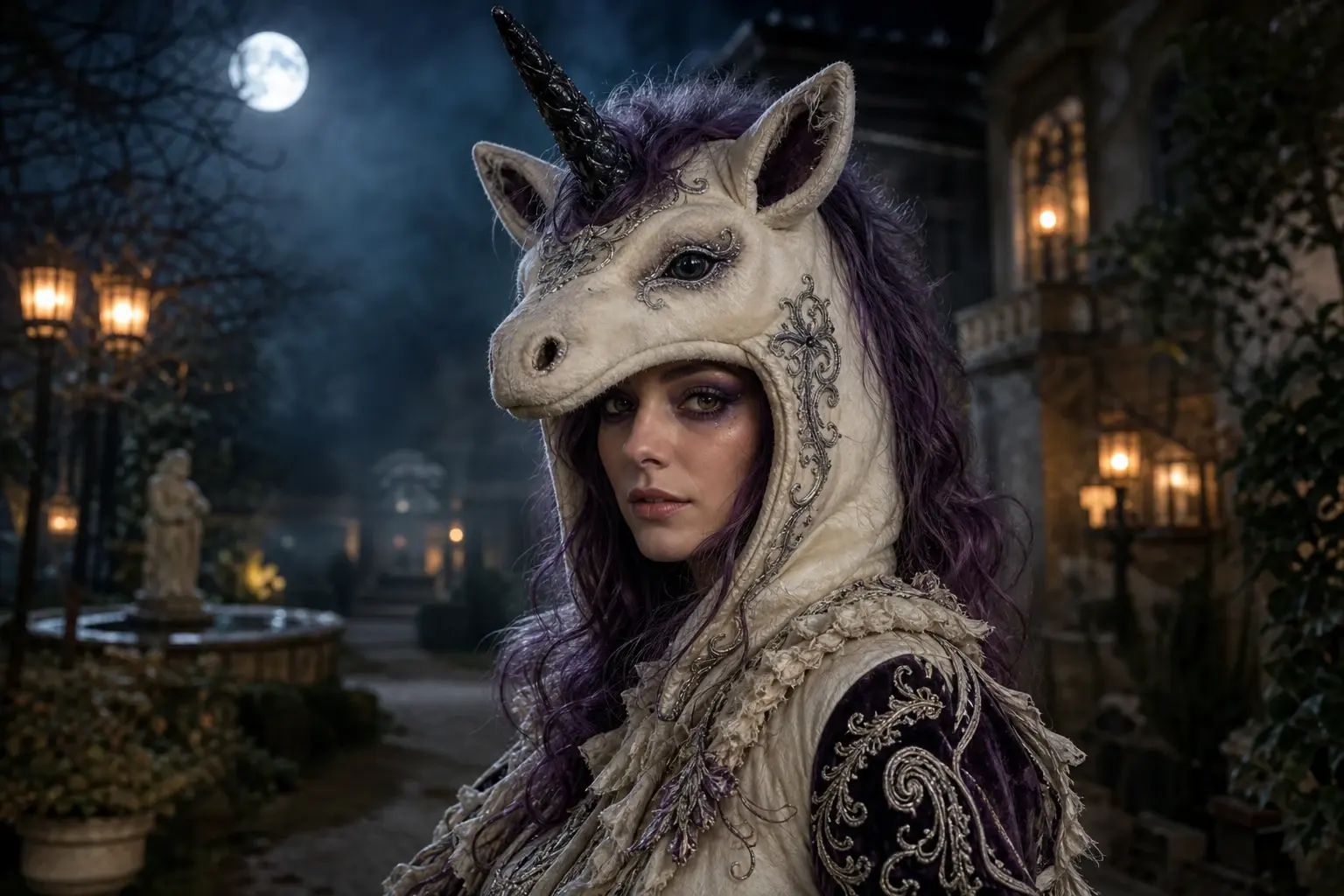 Original haunted unicorn mascot costume with an ivory plush hood in a moonlit garden