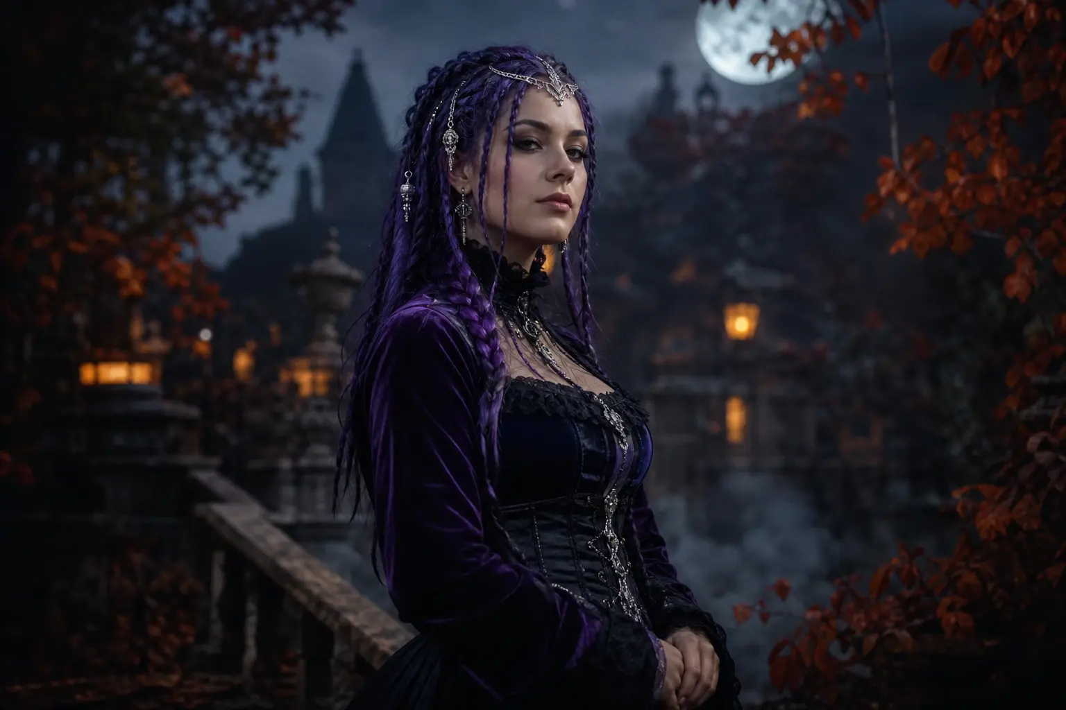 Adult portrait with long violet braids and a black and purple velvet Halloween outfit