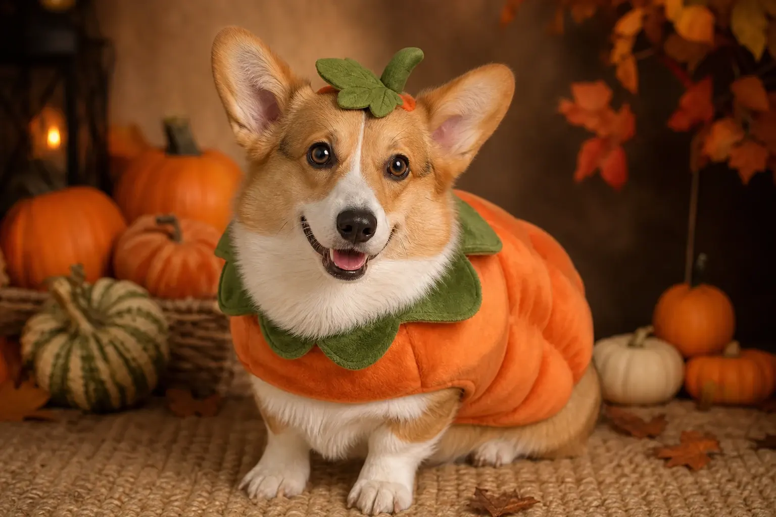 Corgi wearing a soft pumpkin-inspired Halloween costume in a warm autumn studio