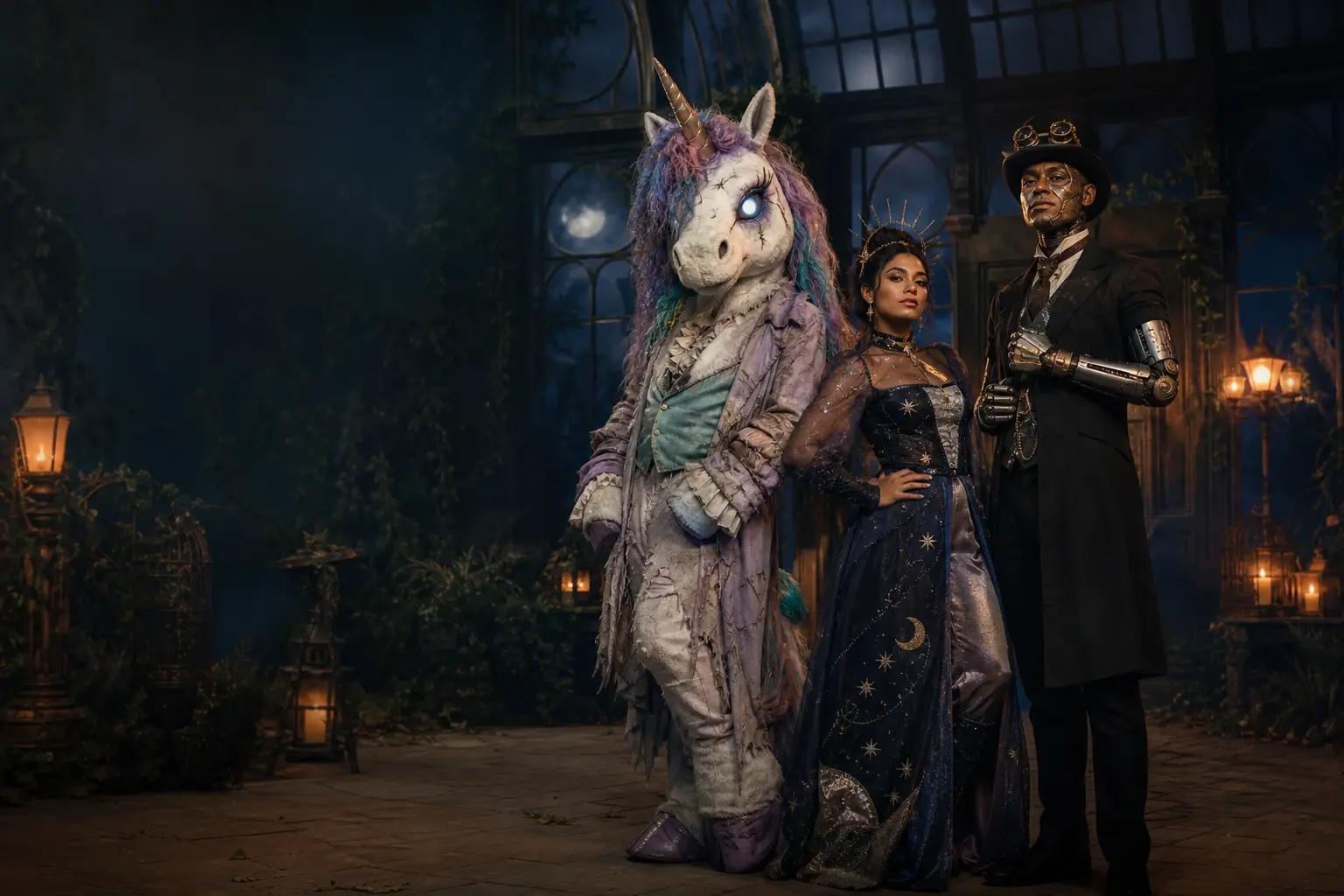Three adults in original haunted unicorn, cosmic princess and robot Halloween costumes